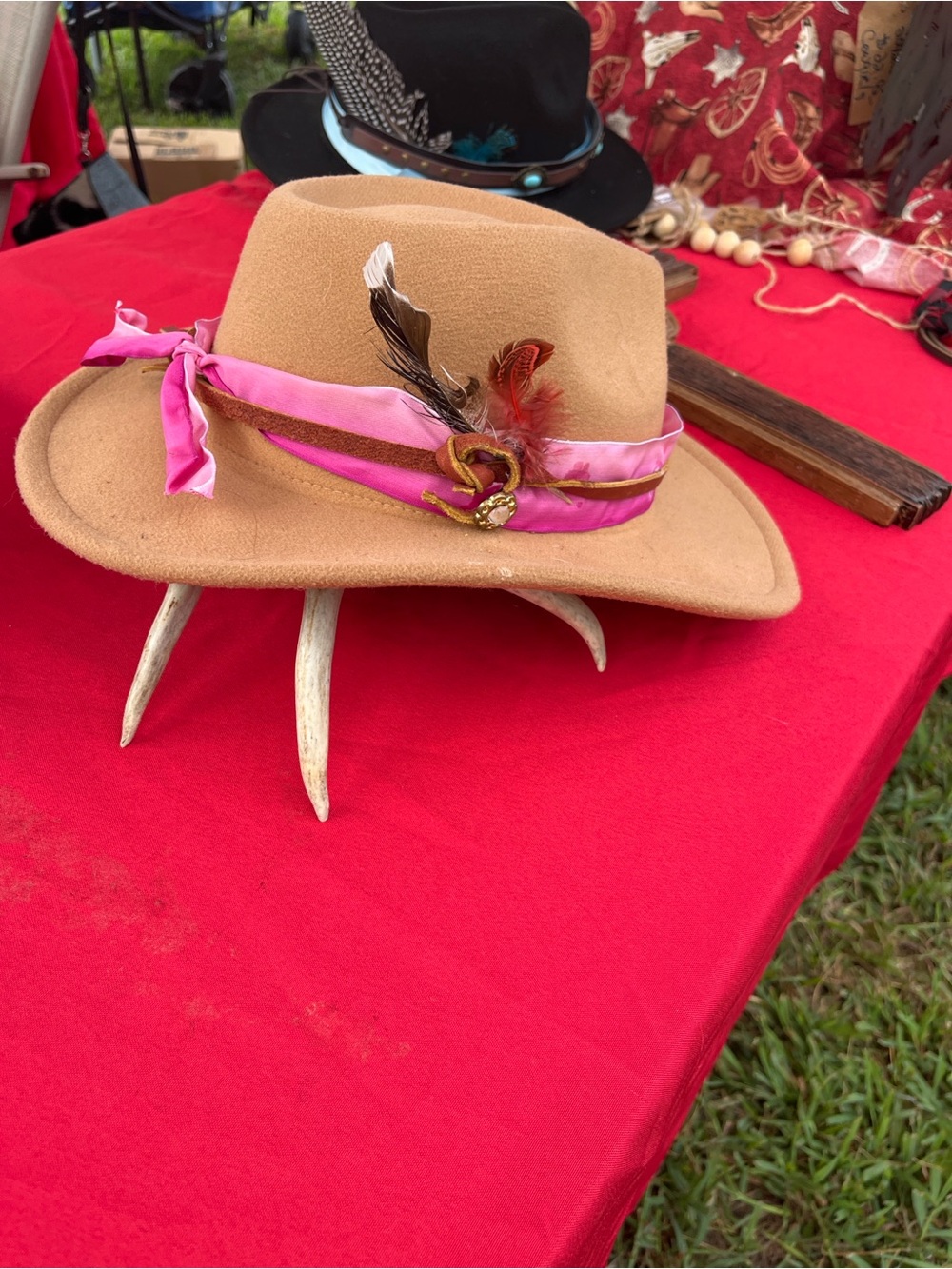 Tan Felt Fedora with Pink Scarf and Feather Detail